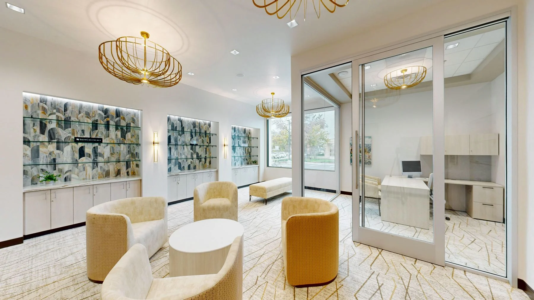 Visalia skin care lounge: mosaic shelving and gold chairs