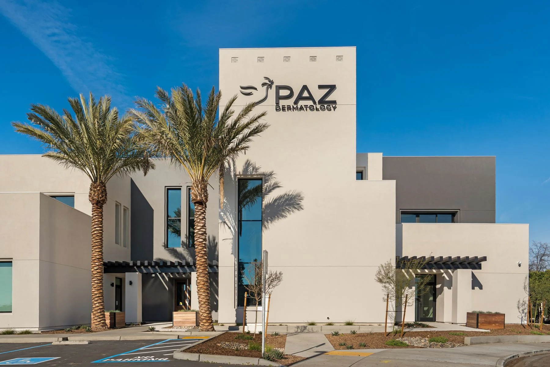 The Visalia office in daylight: white stucco, palms and the PAZ Dermatology tower